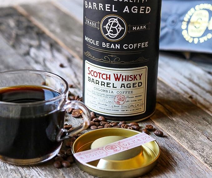 Scotch Whisky Barrel Aged Coffee, Colombia Single Origin Washed Whole Coffee Bean, Medium Roast w/Flavor Notes of Milk Chocolate, Raspberry, Honey, Silky Scotch by Oak & Bond Coffee Co. – 10oz.