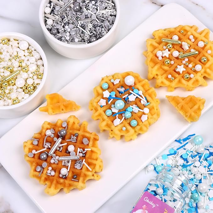 White Deluxe Gold Sprinkles for Cake Decorating 4.23ounce - Sugar Mix Contains Star & Pearl Sprinkles for Cupcake Toppers, Ice Cream, Candy, Cookie Decorations - Holiday Party Supplies