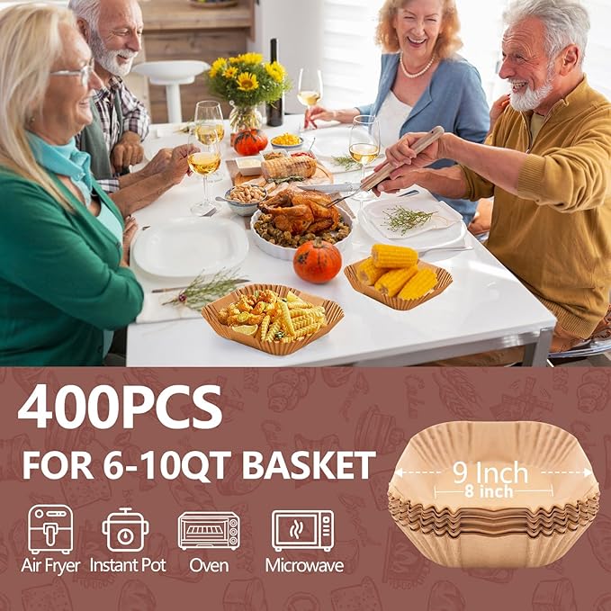 UBeesize 9 Inch Air Fryer Paper Liners, 400 PCS Parchment Paper, Air Fryer Disposable Paper Liners for Microwave, Non-Stick Sheets Square Free of Bleach（Bottom size 8 Inch）
