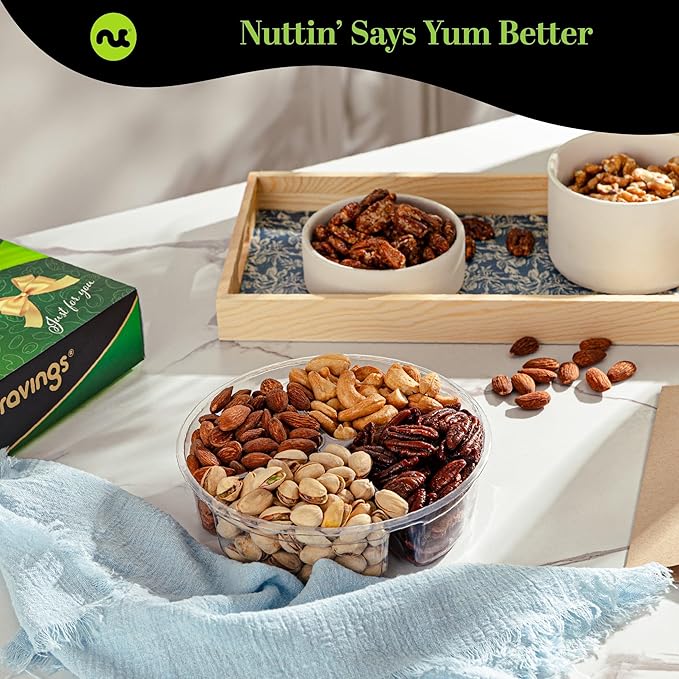 NUT CRAVINGS - Mixed Nuts Gift Basket in Green Gold Box (4 Assortments) Food Arrangement, Healthy Snack Care Package, Food Assortments