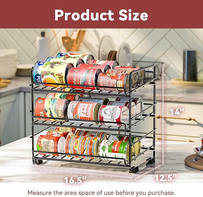 SUFAUY 3 Tier Can Organizer for Pantry, Holds 36 Cans for Cabinet Storage or Kitchen Shelves, 12" d X 16.5" w X 14" h, Black