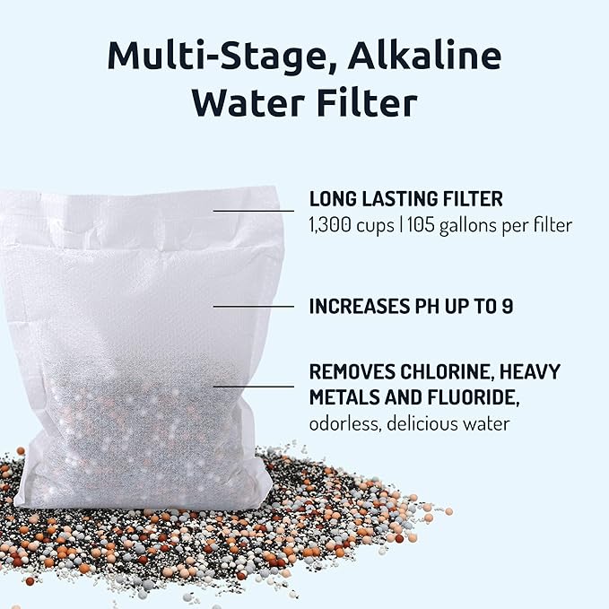 Invigorated Water pH Vitality Stainless Steel Alkaline Water Filter Pitcher - High pH Water Purifier with 1 Alkalizer Filter Pouch (400-Liter Capacity), 8-Cup (1.9L, Black)