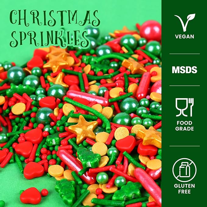 Christmas Sprinkles for Cookies, Red and Green Sprinkles With Green Tree & Gold Star, Perfect for Christmas Dessert Party 4.23 Ounce