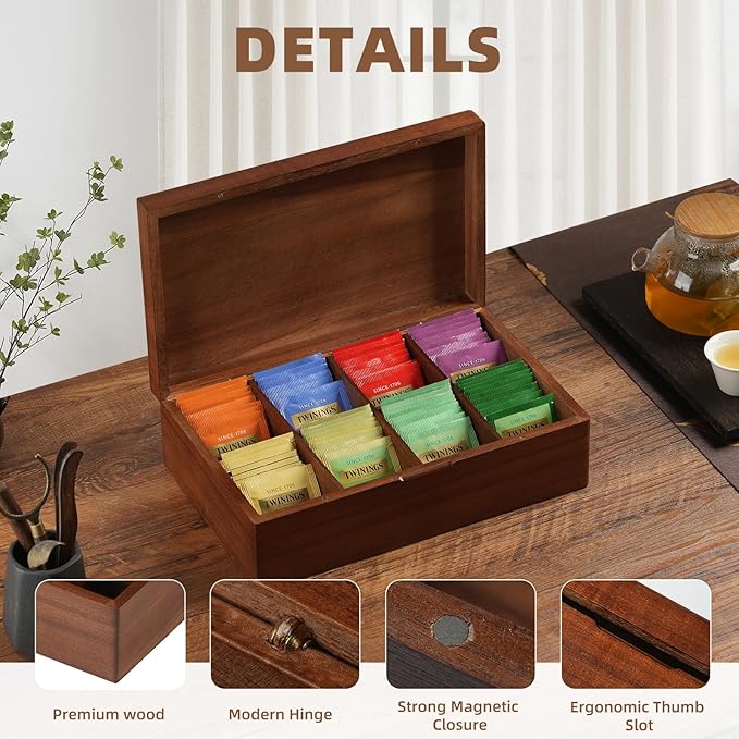 Acacia Wood Tea Bag Organizer, 8 Compartments Tea Box Organizer Storage Box, Tea Box for Tea Bags Chest, Tea Bag Holder with Magnetic Lid for Beverage Supplies, Sugar, Sweeteners, Individual Packets