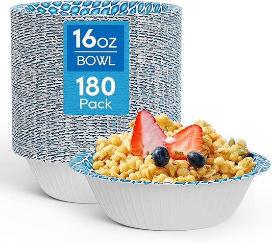 MUCHII 180 Count Paper Bowls 16 oz, Printed Soak Proof Disposable Bowls Bulk for Breakfast, Lunch, and Dinner Meals