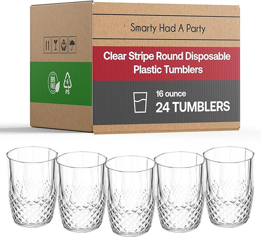 Smarty Had A Party 16 oz Clear Unbreakable Crystal Cut Tumblers Pack of 24, Elegant Disposable Plastic Cups for Cocktails, Parties, and Events