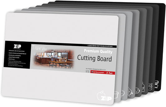ZVP Plastic Cutting Boards for Kitchen, Flexible Cutting Mats, Gradient Gray Chopping Boards with Food Icon, Non-Slip, Non Porous, BPA Free, Dishwasher Safe