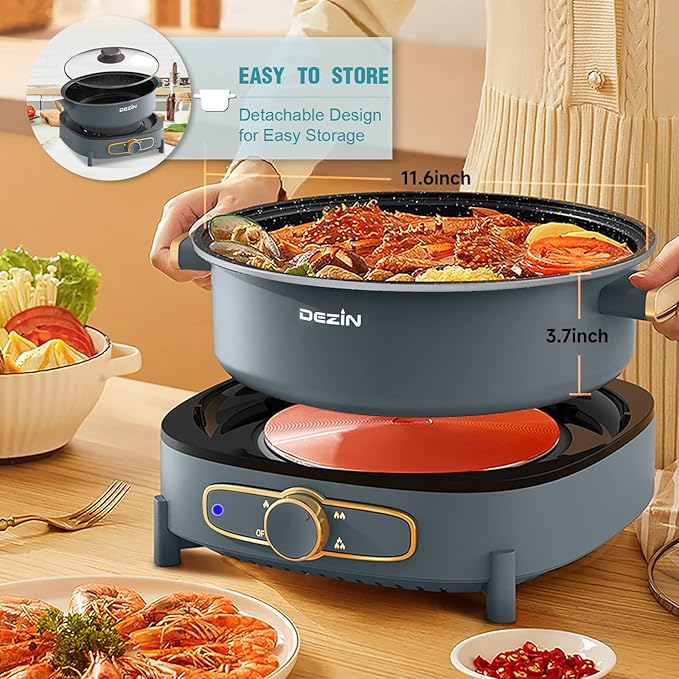Dezin Electric Shabu Shabu Pot with Removable Pot, 5L Non-Stick Hot Pot Electric with Multi-Power Control, 3.7" Depth Electric Pot with Tempered Glass Lid for Party, Family and Friend Gathering