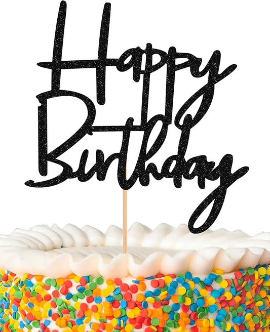 Happy Birthday Cake Topper - Glitter Black Birthday Cake Top Decorations (Black)