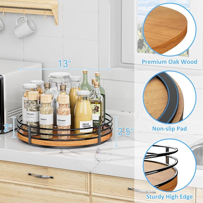13" Lazy Susan Turntable Organizer - Wood Round Lazy Susan for Cabinet Kitchen Countertop Pantry Cupboard Dining Table Bathroom Coffee Bar Spice Storage Home Decor