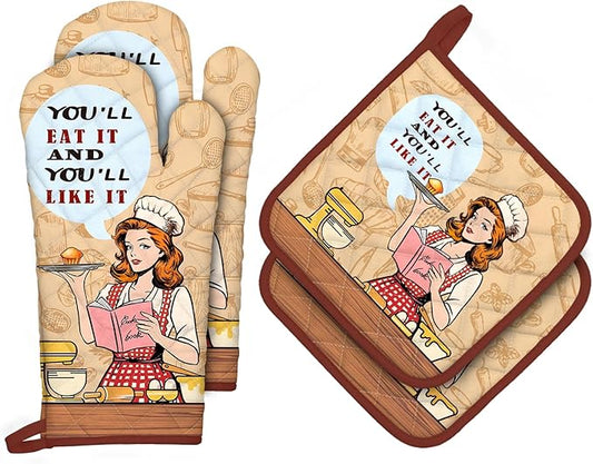 Retro Housewife Oven Mitts and Pot Holders Sets 4Pcs, 100% Cotton Heat Resistant, Extra Long Oven Gloves Potholder for Kitchen Cooking Baking Decoration