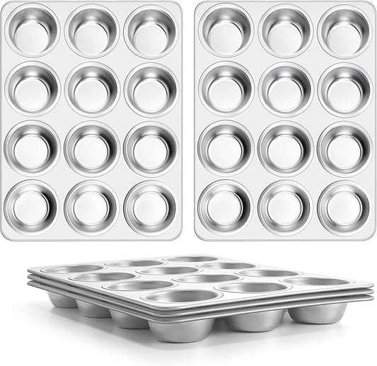 E-far Stainless Steel Muffin Pan Set of 5, 12 Cups Cupcake Pans Tins for Baking, Non-Toxic Metal Muffin Tray Molds for Small Mini Cupcake, Heavy Duty & Regular Size, Rust Free & Dishwasher Safe
