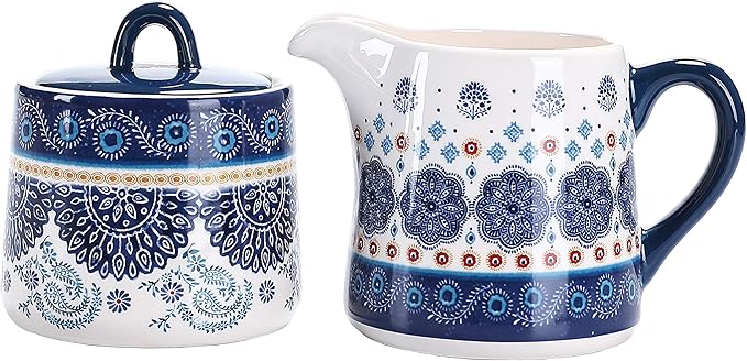 Bico Blue Talavera Ceramic Sugar and Creamer Set, Sugar Bowl with Lid, Cute Container for Coffee Bar, Kitchen Countertop Accessories, Microwave and Dishwasher Safe