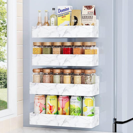 Magnetic Spice Rack for Refrigerator, Kitchen Organizer and Storage Shelf, Marble(4 Pack)