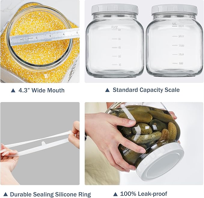 2 Pack 0.8 Gallon Glass Jar With Lid, 102 Oz Wide Mouth Mason Jars, Clear Glass Storage Jars With 2 Scale Marks, Canning Jars For Pickling, Rice, Sugar, Flour, Pasta