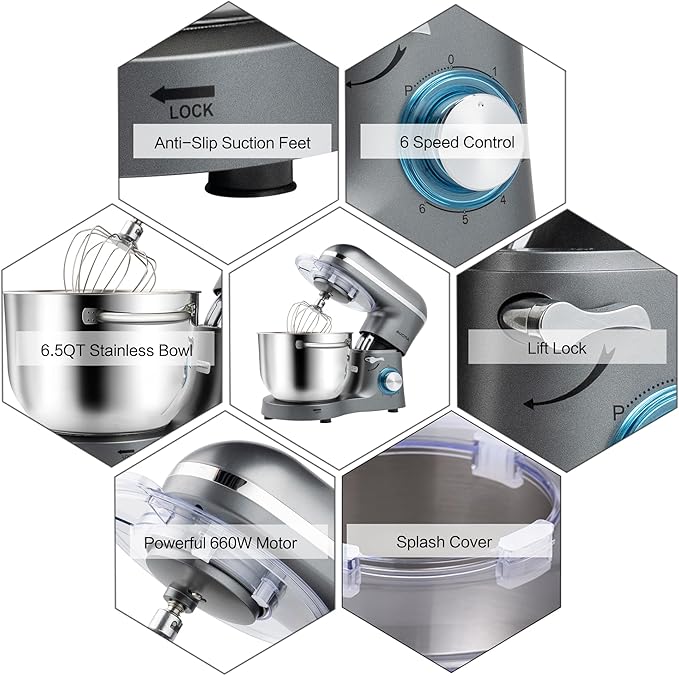 Aucma Stand Mixer,6.5-QT 660W 6-Speed Tilt-Head Food Mixer, Kitchen Electric Mixer with Dough Hook, Wire Whip & Beater (6.5QT, Gray)