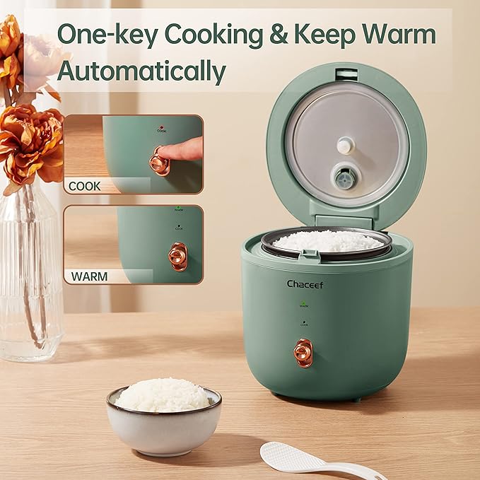CHACEEF Mini Rice Cooker 2 Cups Uncooked, 1.2L Rice Cooker Small with Non-stick Pot, Portable Travel Rice Maker with One Touch & Keep Warm Function, White Rice, Brown Rice, Oatmeal, Green