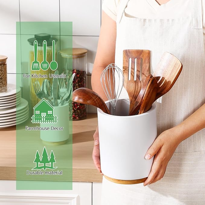 2 Pack Wooden Utensil Holder, 360°Rotating Kitchen Cooking Utensil Crock, Spoon Spatula Holder for Kitchen Counter, Farmhouse Countertop Organizer(White,Round)