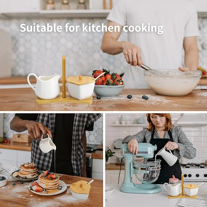 Creamer and Sugar with Carry Tray Set, Ceramic Cream and Sugar Bowl Set with Spoon & Lid, Vintage Cream Pitcher Sugar Jar with Tray, Creamer Dispenser Sugar Holder Container, Coffee Serving Set