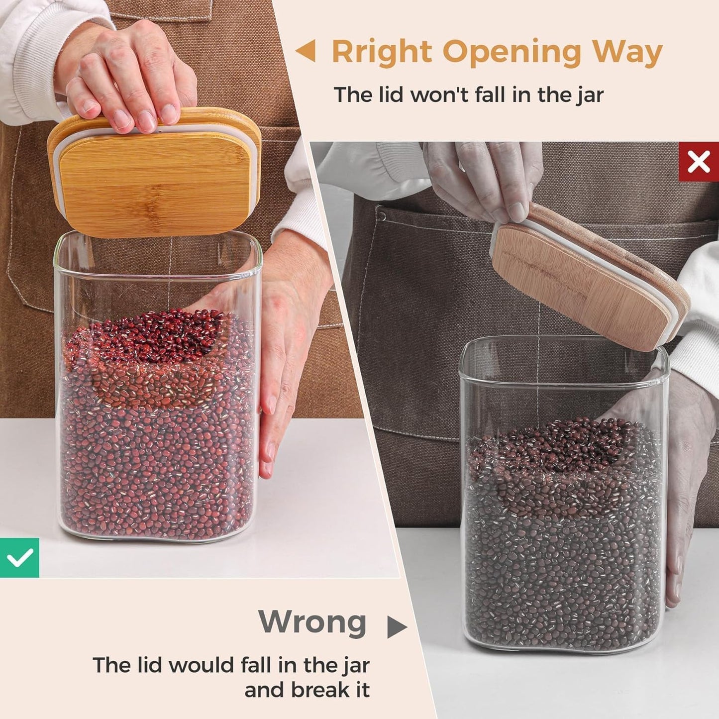 ComSaf Glass Pantry Storage Containers, 148/51 oz Large Square Flour and Sugar Containers with Airtight Lids, Gallon Glass Jars with Bamboo Lids for Rice, Pasta, Cookies, Coffee Beans