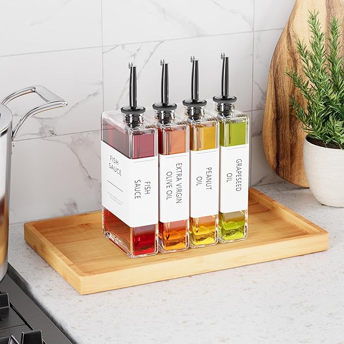 New England Stories Kitchen Cooking Oil Dispenser Set, Olive Oil and Vinegar Bottles, Soy Sauce Dispenser - 4 Pieces, Black, Durable & Stylish Design