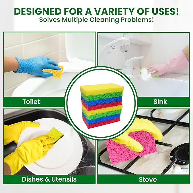 Cellulose Sponges - 24-Pack Multicolored Compressed Natural Sponges for Kitchen - Biodegradable, Non-Scratch, Quick-Dry for Cleaning, Dishes, DIY Cutouts