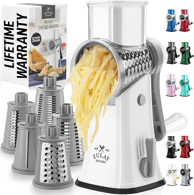 Zulay Kitchen Rotary Cheese Grater 5 Blade Cheese Shredder - Manual Hand Crank Cheese Grater With Reinforced Suction & 5 Interchangeable Drums - Easy to Use, Vegetable Chopper Round Mandoline Slicer