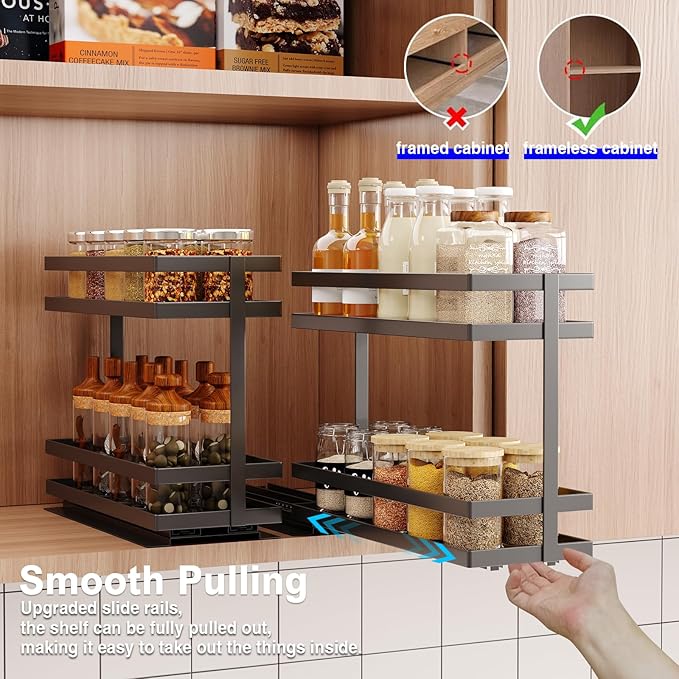 Pull Out Spice Rack Organizer for Cabinet, 2 Tier Metal Slide Out Seasoning Organizer and Storage Heavy Duty Vertical Spice Rack Shelf Pullout for Kitchen Cabinets No Drilling(1 Pack, Black)