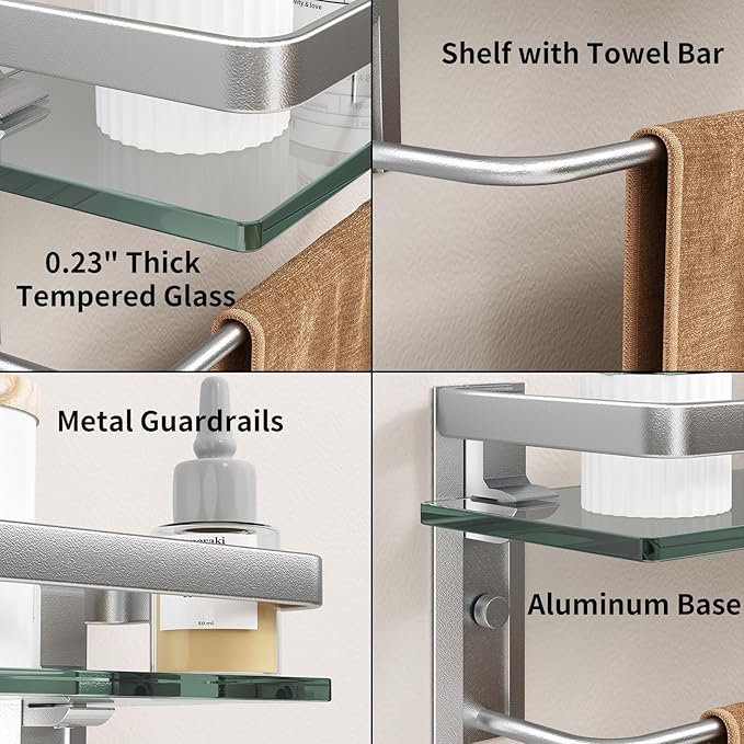 Danpoo Bathroom Wall Shelf with Towel Bar, Clear Tempered Glass, Hand Towel Holder (Matte Silver)