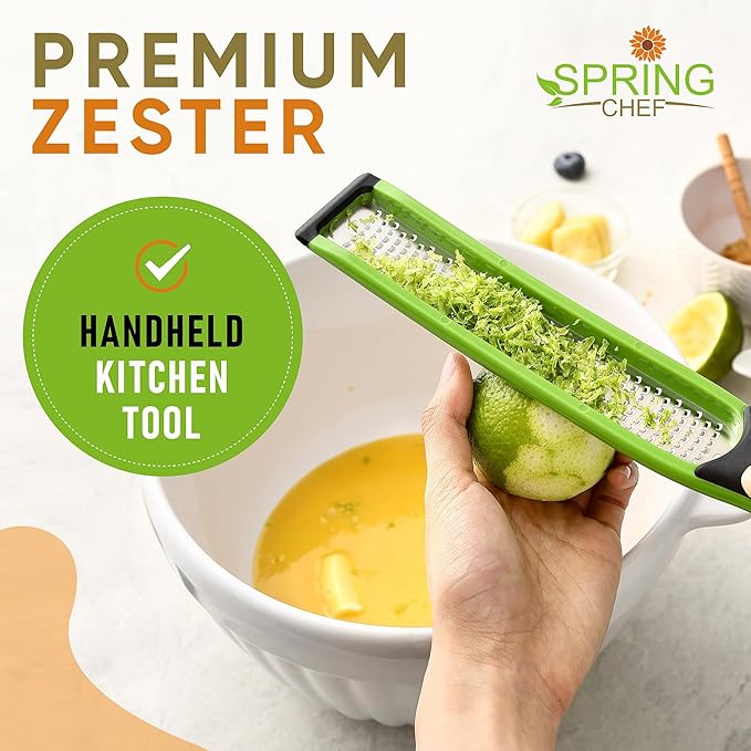 Spring Chef Premium Lemon Zester Grater with Handle - Orange, Garlic, Ginger, Nutmeg, Cheese Grater- Handheld Sharp Kitchen Tool - Stainless Steel Citrus Zester with Blade Cover - Fine Shred, Green