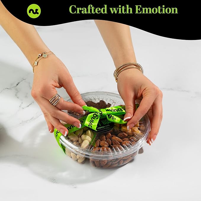 NUT CRAVINGS - Mixed Nuts Gift Basket + Green Ribbon (4 Assortments) Food Arrangement, Healthy Snack Care Package, Food Assortments