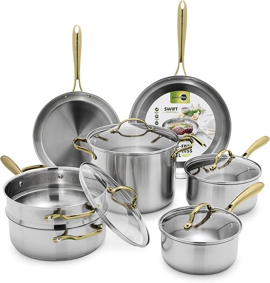GreenPan 11 Piece Stainless Steel Cookware Set, Induction Ready, Tri-Ply Multiclad Pots & Pans with Lids, Compatible on All Cooktops, Measurement Markings, Dishwasher & Oven Safe, Swift, Gold Handles