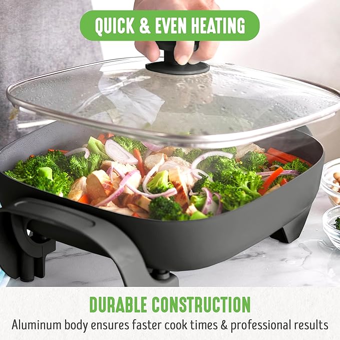 GreenLife 12" 5QT Square Electric Skillet, Glass Vented Lid, Ceramic PFAS-Free Nonstick Coated Interior, Adjustable Temperature Control, Cool Touch Handles, Quick Even Heating, Scratch Resistant,Black