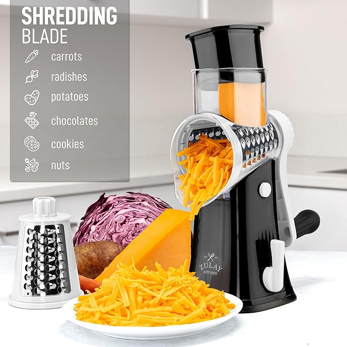 Zulay Kitchen Rotary Cheese Grater 5 Blade Cheese Shredder - Manual Hand Crank Cheese Grater With Reinforced Suction & 5 Interchangeable Drums - Easy to Use, Vegetable Chopper Round Mandoline Slicer