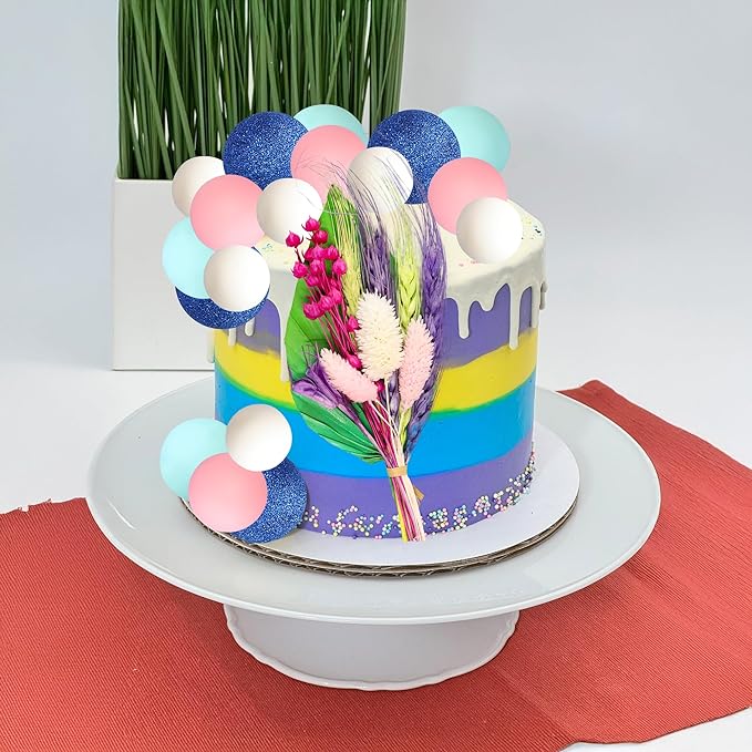 Gyufise 21 Pack Flower Boho Cake Topper Ball Cake Decorations Palm Leaves Plants Cake Decor for Girl Bohemian Princess Theme Wedding Baby Shower Birthday Party Supplies Blue Pink