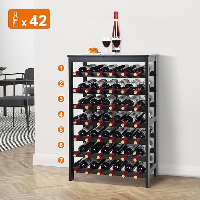 VASMIA 42 Bottles Bamboo Wine Rack,7-Tier Wine Rack Freestanding Floor with Table Top, Wine Storage Shelf for Kitchen Dining Room Bar,Black