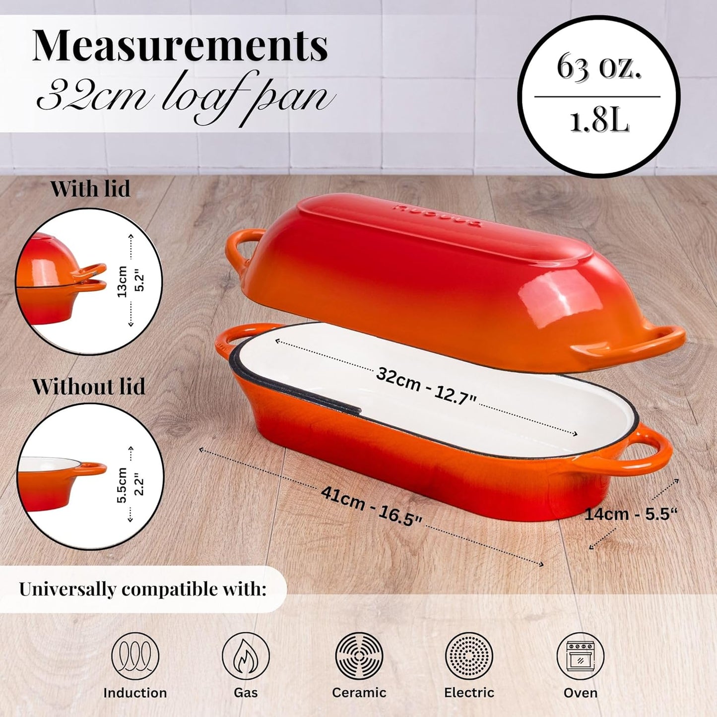 Enamelled Cast Iron Bread Loaf Pot – Dutch Oven For Sourdough Bread Baking – Oven Safe Non Stick Bread Pot – Rectangular, Orange, 34cm x 16cm – by Nuovva