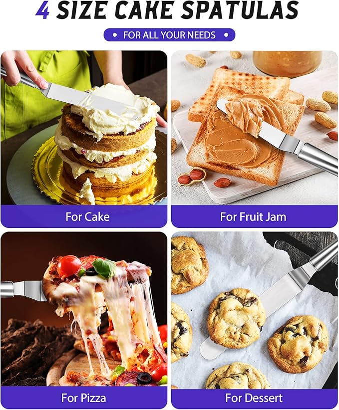 Offset Icing Spatula, Cake Angled Spatula Set with 4, 6, 8 & 10 Inch Blades, Stainless Steel Handle Suitable for Home, Kitchen or Bakery