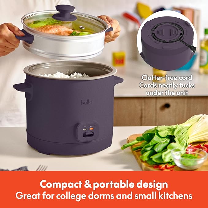 bella 16 Cup Rice Cooker with Steamer, Dishwasher Safe Steaming Basket, Rice Paddle and Measuring Cup, Removable Nonstick Cooking Bowl, Automatic Keep Warm Function, 400 Watt, Plum