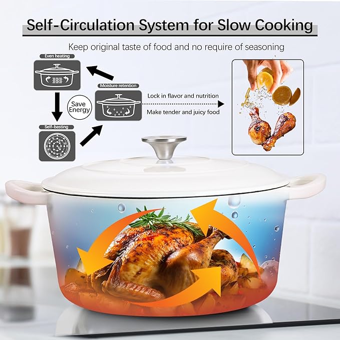 E-far 7QT Enameled Dutch Oven, Cast Iron Dutch Oven Pot with Lid for Cooking/Bread Baking/Braising/Roasting/Stewing, Heavy Duty Round Nonstick Cookware Safe for Induction & Oven - White