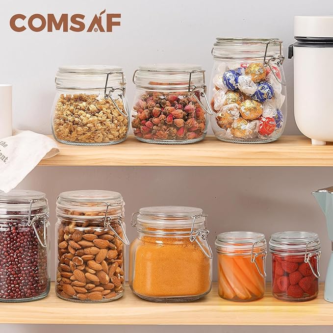 ComSaf 8oz Small Airtight Glass Jars Set of 12 with Lid Food Storage Jar Round, Mini Storage Container with Clear Preserving Seal Wire Clip Fastening for Kitchen Canning, Jam, Spice, Honey, Mason Jars