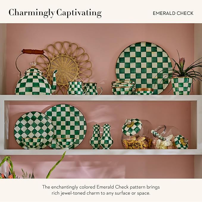 MACKENZIE-CHILDS Enamel Serving Platter, Decorative Serving Platter for Food, 16 Inches, Green-and-White Emerald Check