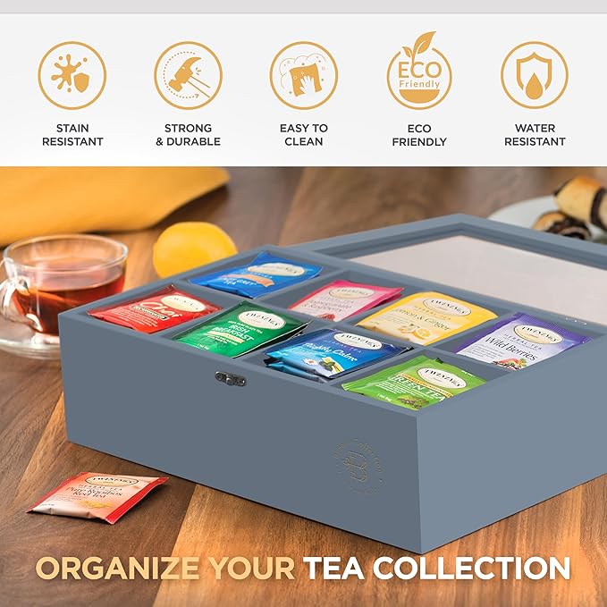 Bambsi Tea Bag Organizer - Bamboo Tea Box Organizer Storage Box, Tea Bag Holder with Acrylic Window, Magnetic Lid Keeps Tea Bags Fresh - Tea Organizer Caddy (Tea Not Included) Christmas Gift - Grey