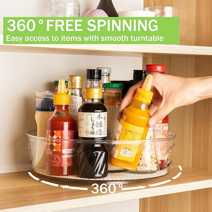 4 Pack Lazy Susan Organizer for Cabinet with Handle, 12“ inch Clear Spinning Storage Lazy Susan Turntable for Pantry, Kitchen Sink, Fridge, Bathroom, Countertop, Non-Skid Liners Included, Round
