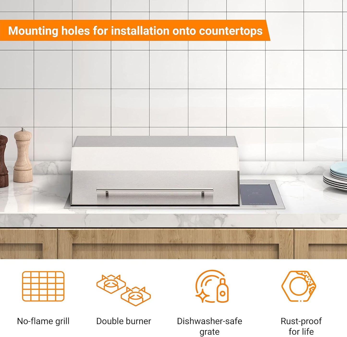 Kenyon Texan Built-In Electric Grill with Faceted Single Piece Lid and Standard Lite Touch Control, Stainless Steel Body, UL-Approved for Use Indoors and Outdoors, No-Flame Grill, 240 Volts