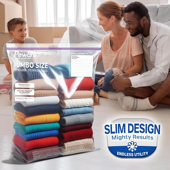 Large Storage Bags, 18"x24" Jumbo Plastic Bag, BPA Free, 5 Gallon XL Zipper Lock Baggies for Clothes Pillow Travel Moving - 100 Jumbo Bags