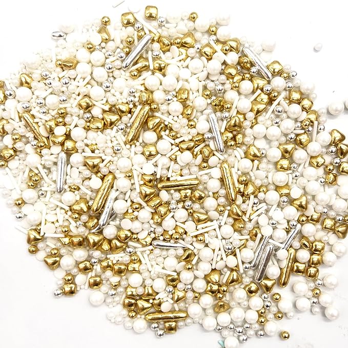 Weraru White Deluxe Gold Sprinkles Candy Mixing Size Baking Edible Cake Decorations Cupcake Toppers Cookie Decorating Celebrations Wedding Shower Party Chirstmas Supplies 130g/ 4.58oz