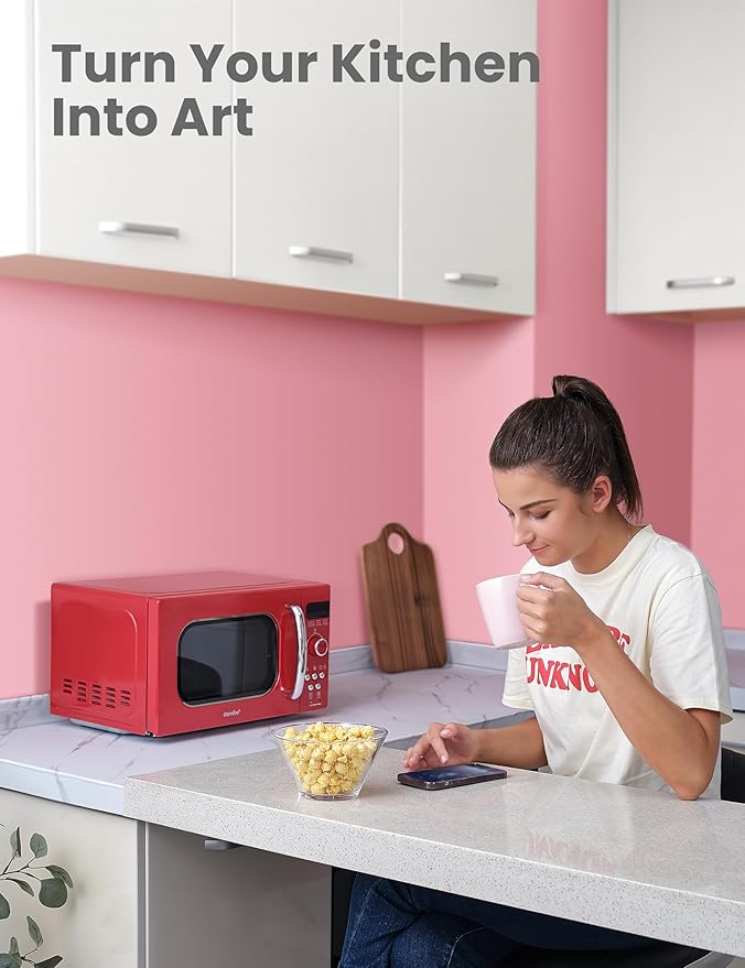COMFEE' Retro Small Microwave Oven With Compact Size, 9 Preset Menus, Position-Memory Turntable, Mute Function, Countertop, Perfect For Small Spaces, 0.7 Cu Ft/700W, Red, AM720C2RA-R