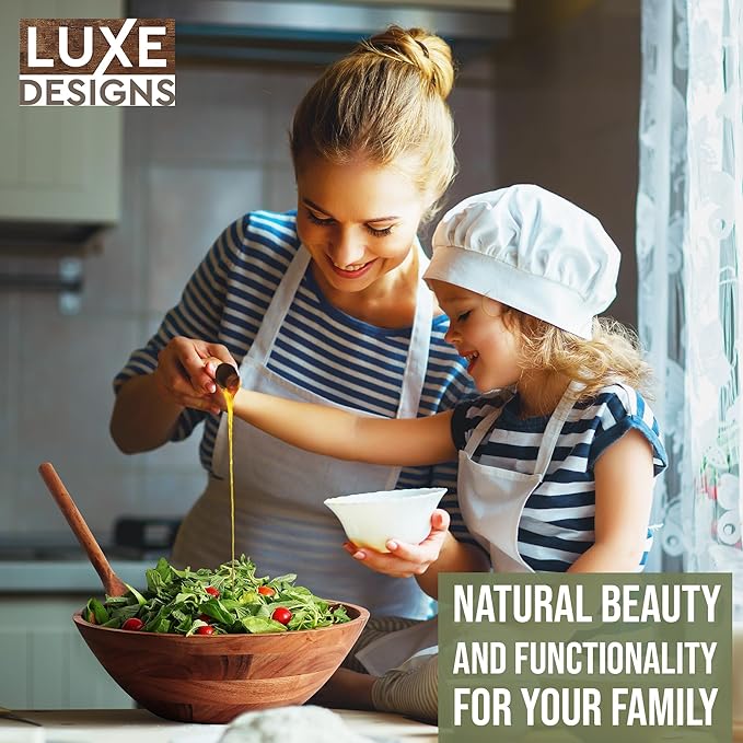 Luxe Designs Wooden Salad Bowl Set - Food Safe & Sustainable Decorative Bowl - Wood Bowl for Fruits, & Salads - Easy to Clean Large Salad Bowls Set w/Spoon, Fork – Wooden Bowls for Food (Natural)