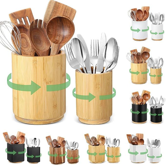 2 Pack Wooden Utensil Holder, 360°Rotating Kitchen Cooking Utensil Crock, Spoon Spatula Holder for Kitchen Counter, Farmhouse Countertop Organizer(Bamboo,Round)